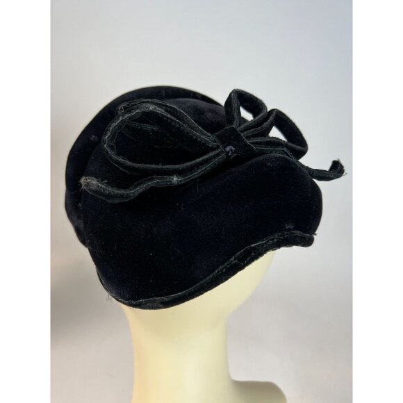 Vintage Black Velvet Womens Pillbox Hat With Bow Accent - Picture 6 of 12